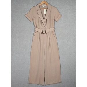 NWT Monteau Los Angeles Belted Wide Leg Jumpsuit Tan Beige Tortoise M